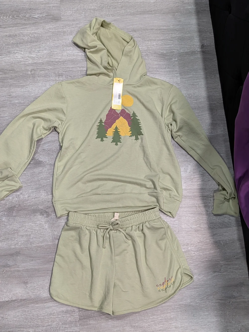 Girls Sage Green Hoodie & Shorts Set with Mountain Graphic